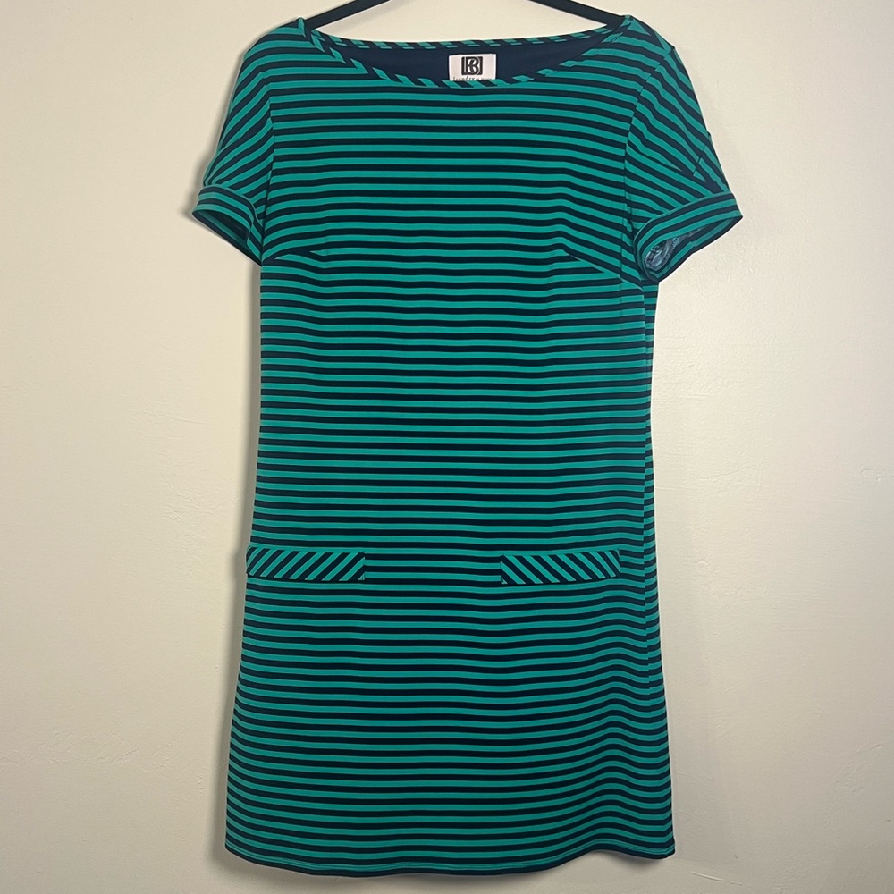 Laundry By Design Womens Striped Green and Navy Short Sleeve Shift Dress Medium